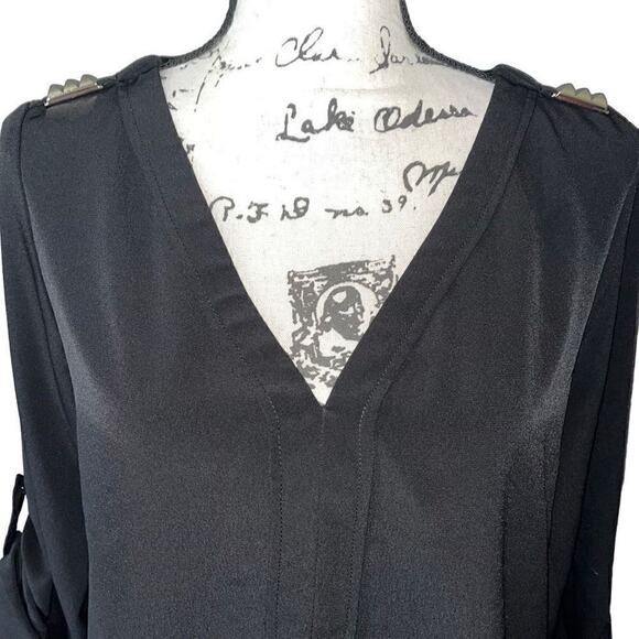 Zara Basic black roll sleeve v-neck blouse medium - Picture 3 of 7